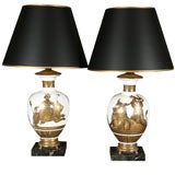 PAIR Stylized Decorated Glass Lamps with Marble Bases & Shades